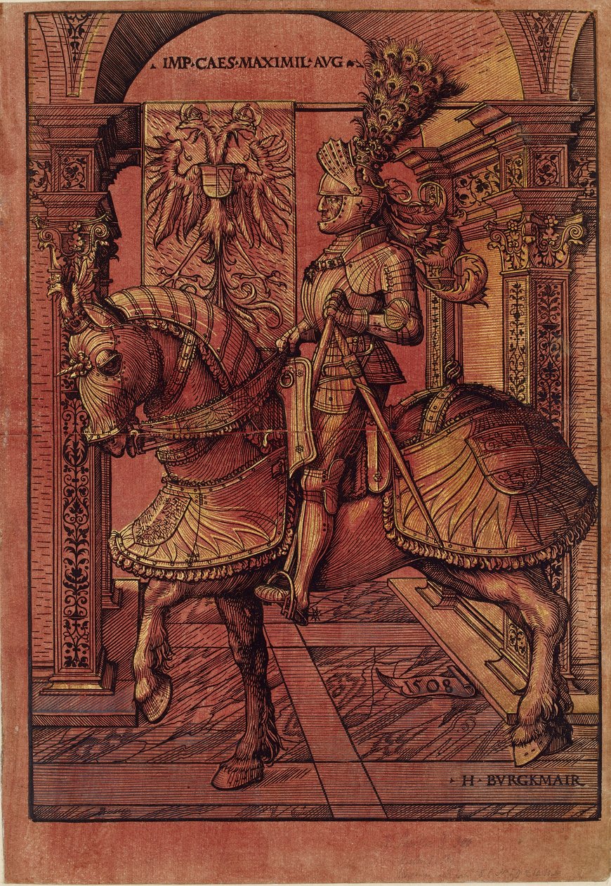Emperador Maximiliano I, armado a caballo, 1508 de the Elder Hans Burgkmair