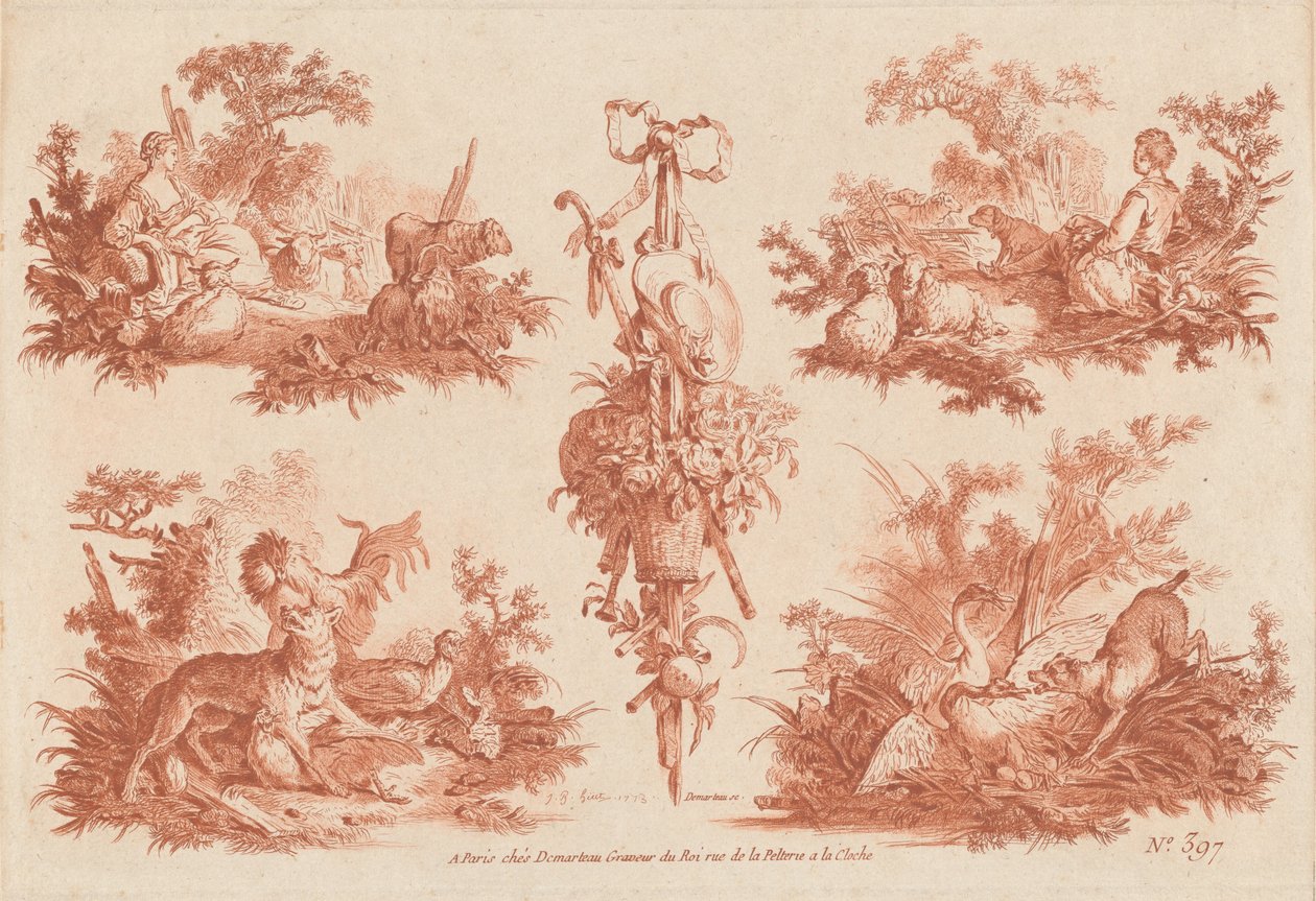 Dos viñetas pastorales, dos viñetas de caza y un trofeo de the Elder and Jean Baptiste Hüet Gilles Demarteau