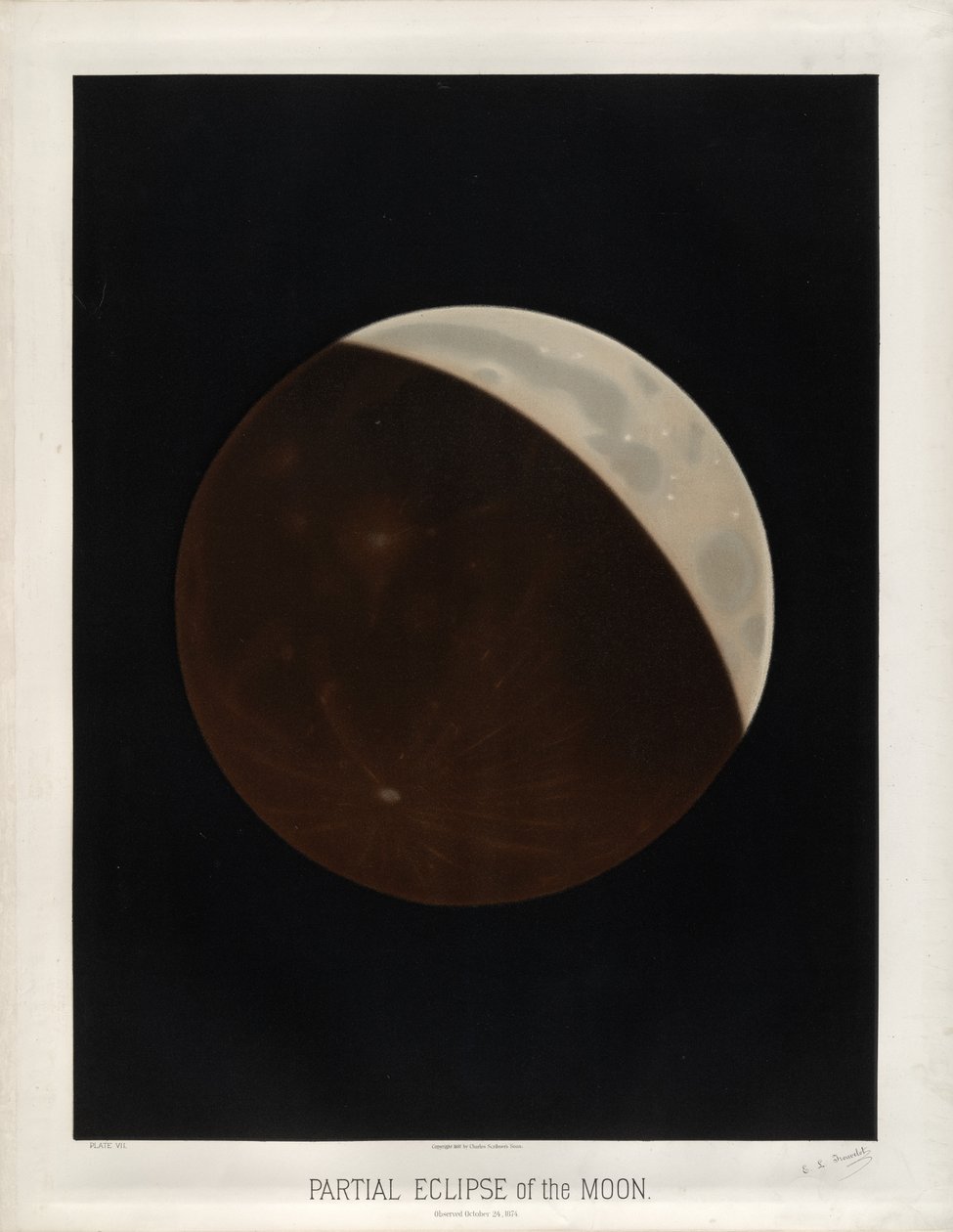 Eclipse parcial de la luna. Observado el 24 de octubre de 1874. (Placa VII de Los Dibujos Astronómicos de Trouvelot 1881) de Étienne Léopold Trouvelot