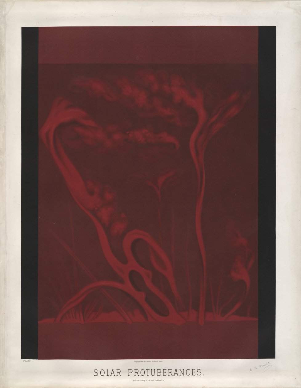 Protuberancias solares. Observadas el 5 de mayo de 1873 a las 9h, 40m. A.M. (Placa II de Los Dibujos Astronómicos de Trouvelot 1881) de Étienne Léopold Trouvelot