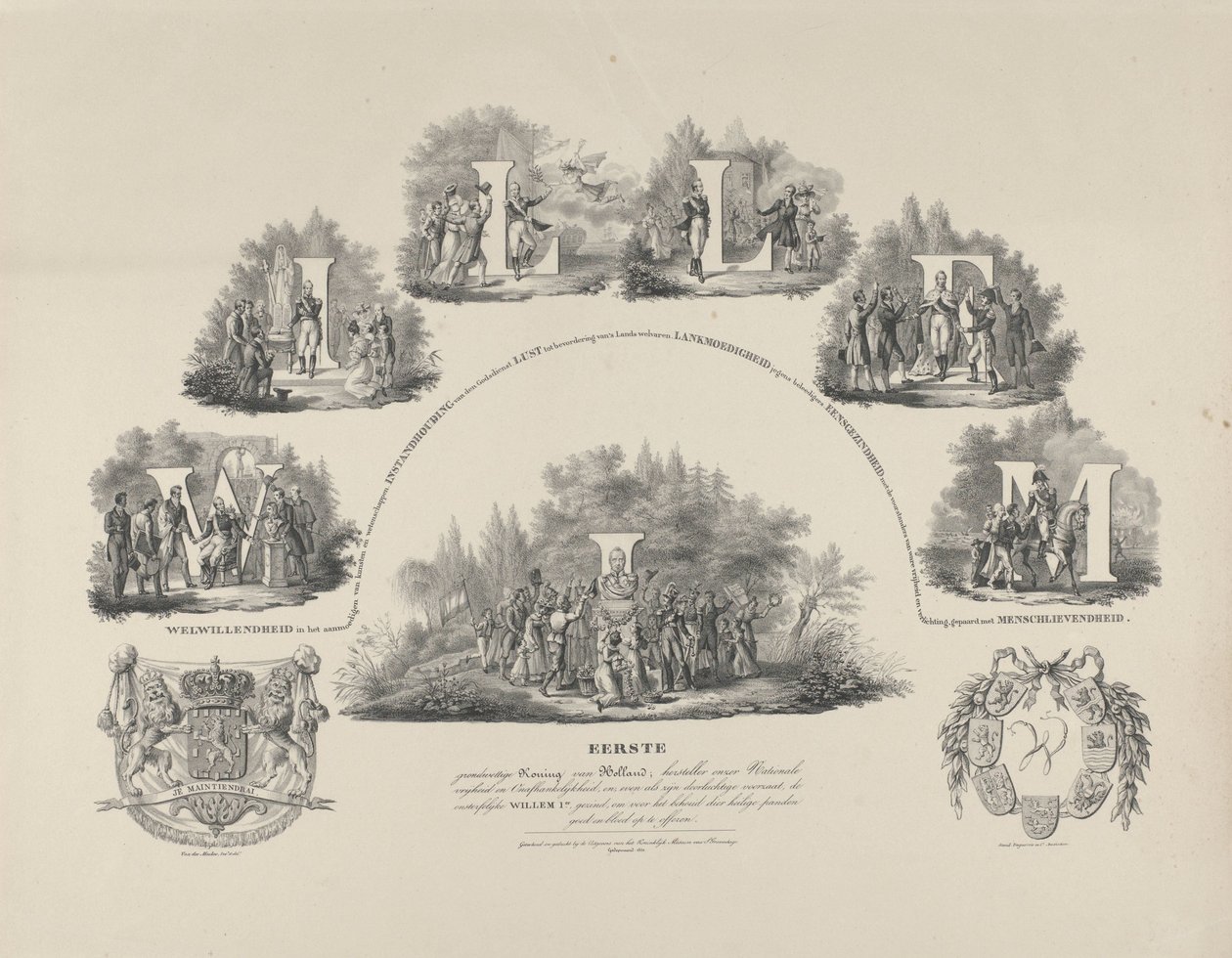 Alegoría de las virtudes del rey Guillermo I, 1831 Guillermo I Primer Rey Constitucional de Holanda, Restaurador de nuestra Libertad Nacional e Independencia (...) (título sobre objeto) de van der Meulen