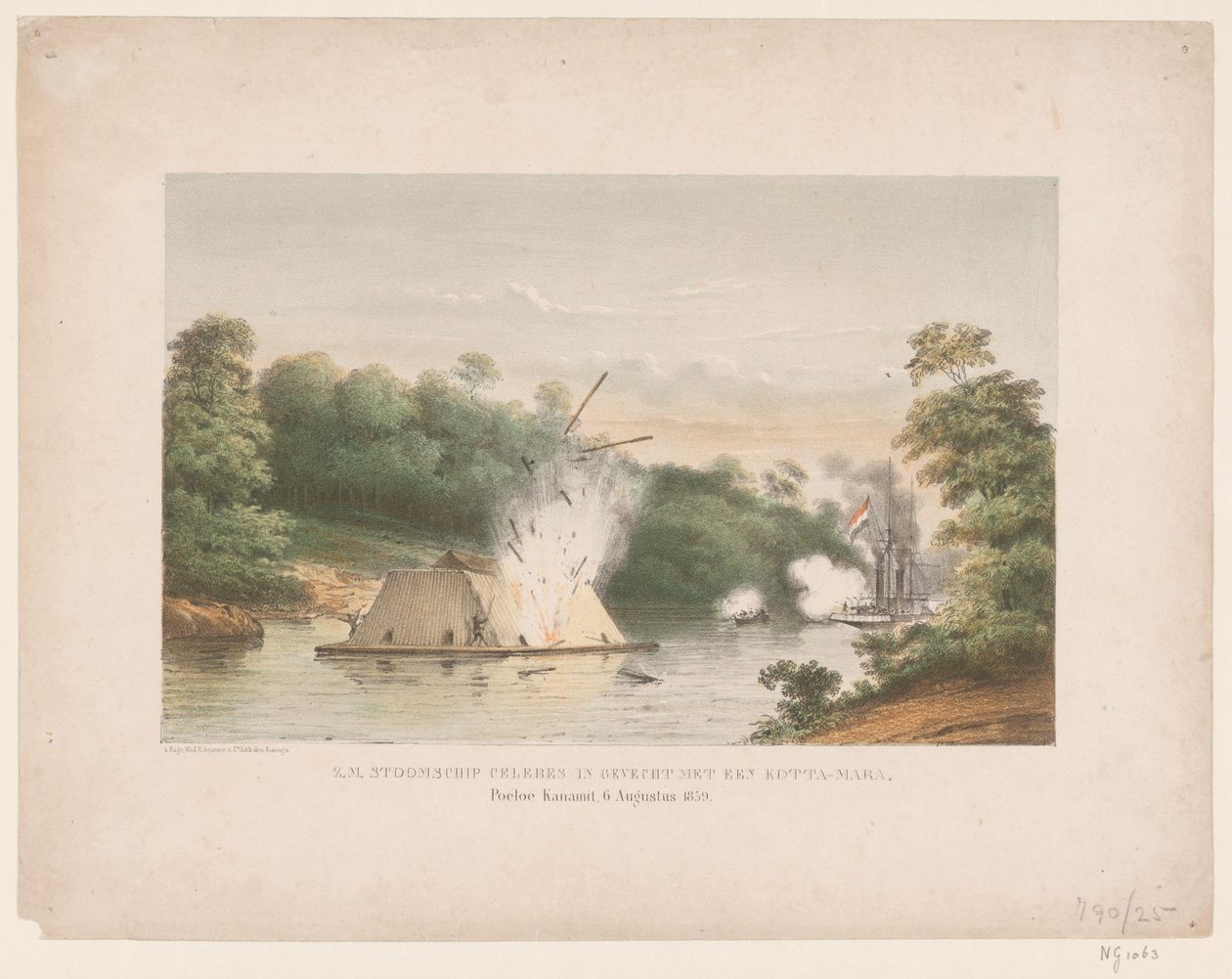 Z.M. Steamship Celebes en batalla con una kotta-mara. Poeloe Kanamit, 6 de agosto de 1859 (título sobre el objeto) de weduwe Elias Spanier and Zn