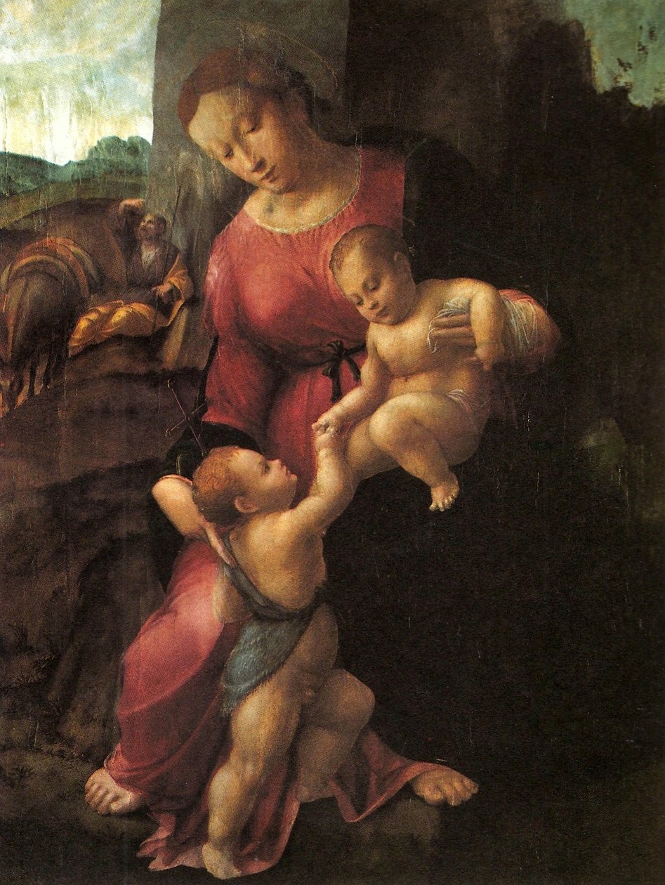 Descanso en la huida a Egipto, con San Juan Bautista de Francesco Granacci