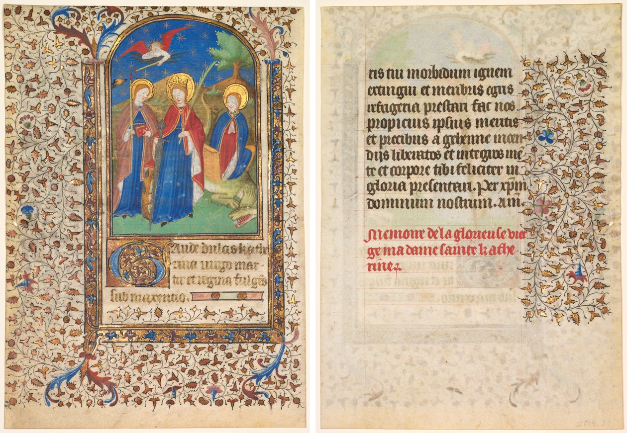 Hoja de un Libro de Horas: Sts. Geneviève, Catalina de Alejandría y Margarita (anverso) y Texto (verso) de workshop of Boucicaut Master