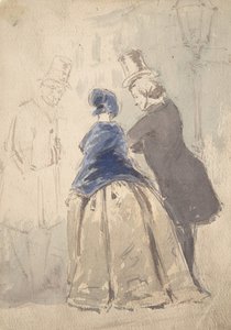 Escena de calle de Vanity Fair, con Amelia, George Osborne y Dobbin de Jerry Barret