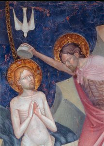 San Juan Bautista bautiza a Cristo (detalle). Fresco de Lorenzo (circa 1374-1420) y Jacopo (? -después de 1427) Salimbeni 1416. Urbino Oratorio di San Giovanni