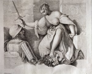 Salomé con la cabeza de San Juan Bautista. En la parte inferior izquierda "Tiziano Dipinse". Grabado de Giorgio da Castelfranco conocido como Giorgione (1476/1478-1510) Kunsthistorisches Institute, Florencia. de (1476/8 1510) Giorgione