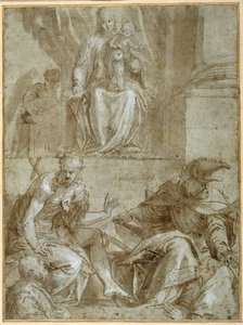 La Virgen y el Niño entronizados con los santos Juanes, c.1548 (pluma, tinta negra y aguada marrón sobre papel) de Veronese