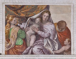 Virgen con el Niño Jesús y Santa Catalina ofreciendo una paloma a Jesús, pared sur de la Sala del Perrito, detalle de 2632659 de Veronese