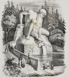 Coloso de los Apeninos (por Giambologna) en el parque de Villa Demidoff (Villa Medicea de Pratolino), Vaglia, Toscana, Italia, litografía de Giovanni Mariani de Poliorama Pittoresco, n 10, 15 de octubre