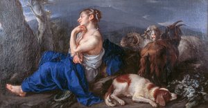 Erminia escribiendo el nombre de su amado en el tronco de un árbol, de Francesco Fernandi conocido como el Imperiali (1679-1740), óleo sobre lienzo, 42x80 cm de (1679 1740) Imperiali