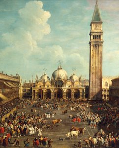 Corrida de toros o caza de toros en la Piazza San Marco, por Giovanni Antonio Canal, conocido como Canaletto (1697-1768) y Giovanni Battista Cimaroli (1687-después de 1753) de Canaletto