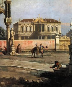 (detalle) de una casa de ciudad y una plaza pública de Canaletto