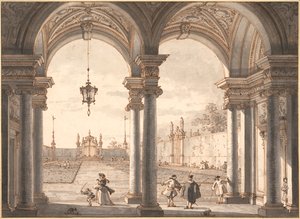 Vista a través de una columnata barroca hacia un jardín de Canaletto
