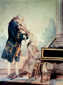 Wolfgang Amadeus Mozart (1756-1791) niño tocando el piano con su padre Leopold Acuarela de Louis Carrogis Carmontelle (1717-1806) 1777 París, Museo Carnavalet de Carmontelle