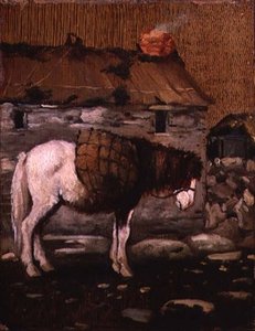 Poni esperando fuera de una cabaña