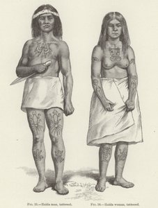 Mujer y hombre Haida tatuados (grabado) de (after) American School