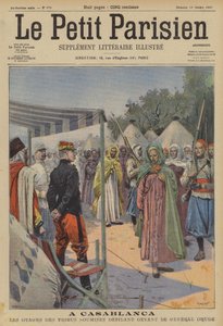 Rehenes de tribus marroquíes subyugadas desfilando ante el General Drude en Casablanca (litografía a color) de (after) Carrey
