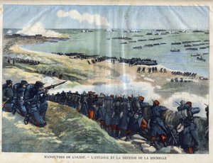 Maniobra del Oeste: el ataque y defensa de La Rochelle por el ejército francés. Grabado en "Le Petit Parisien" el 15/09/1901. de (after) Carrey