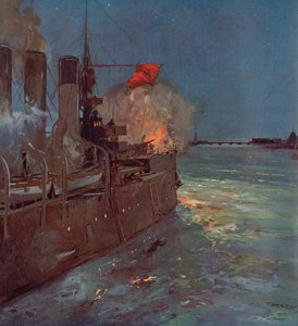 El crucero ruso Aurora disparando el tiro que señala el asalto al Palacio de Invierno en Petrogrado, Revolución Rusa, 25 de octubre de 1917 (litografía en color)