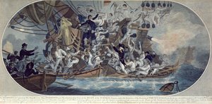 El abordaje y la captura del último barco de Su Majestad, el Hermione (ahora Retribution) el 25 de octubre de 1799, grabado por Roffe (grabado en color) de (after) Elms