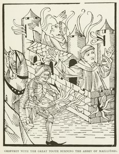Geoffrey con el gran diente quemando la Abadía de Maillieres (grabado) de (after) English School