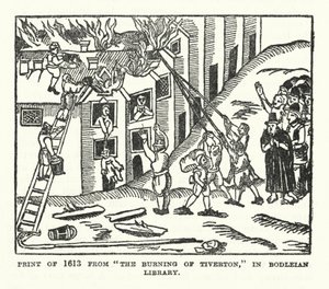 Grabado de 1613 de "La quema de Tiverton" en la Biblioteca Bodleian (litografía) de (after) English School