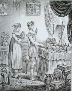 Progreso del tocador: los corsés, grabado por James Gillray (1757-1815) publicado por Hannah Humphrey en 1810