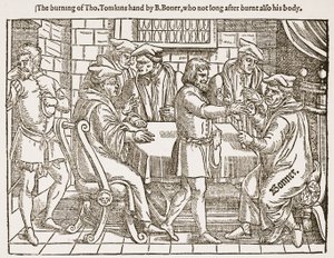 La quema de la mano de Tho. Tomkins por B. Boner, que poco después quemó también su cuerpo, ilustración de 