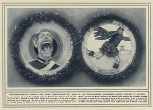 Dianas caricaturescas diseñadas para prácticas de tiro enemigas, signos de la extraordinaria manía de odio contra Inglaterra en Baviera (foto en blanco y negro). de (after) English photographer