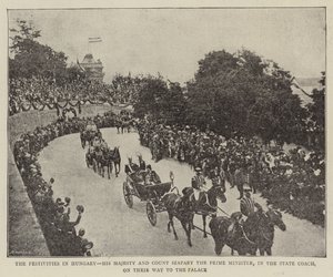 Las festividades en Hungría, Su Majestad y el Conde Szapary el Primer Ministro, en el coche de estado, en su camino al palacio (foto en blanco y negro) de (after) English photographer
