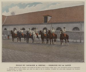 Escuela del jinete a caballo, ejercicio de la lanza (foto coloreada) de (after) French Photographer