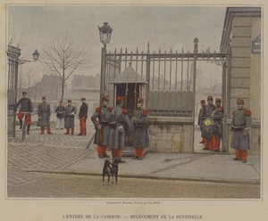 La entrada del cuartel, relevo del centinela (foto coloreada)