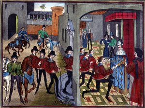 Carlomagno recibe a los 4 hijos de Aymon en la corte y los arma - según una miniatura del siglo XIII de Huon de Villeneuve