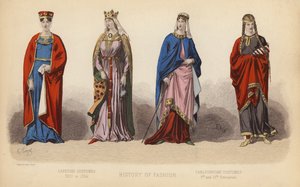La moda en Francia: Trajes capetos de 1100 a 1364; Trajes carlovingios de los siglos IX y X (grabado en color) de (after) French School