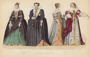 La moda en Francia: Enrique IV 1590; Luis XIII 1614 (grabado coloreado) de (after) French School