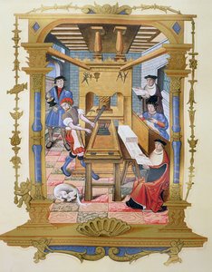 Interior de una imprenta del siglo XVI, copia de una miniatura de "Chants royaux sur la Conception couronnee du Puy de Rouen" (litografía en color)