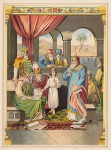 Jesús con los ancianos en el Templo (litografía en color) de (after) German School