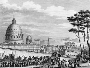 Revolución Francesa: Entrada triunfal de los franceses en Roma en Italia en febrero de 1798 liderada por el General Louis Alexandre Berthier quien invadió los estados pontificios y tomó la ciudad de Roma el 11 de febrero de (after) Girardet
