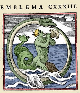 Un tritón y un ouroboros, ilustración "Emblemata" (Emblematum libellus) por Andrea Alciati de (after) Italian School