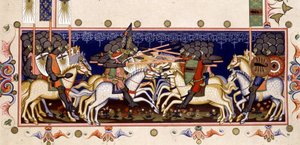 Escena de batalla (Cruzadas imaginadas) - en los "Estatutos de la Orden del Espíritu Santo de Nápoles" (Orden del Espíritu Santo) basados en una miniatura de 1352 de (after) Italian School