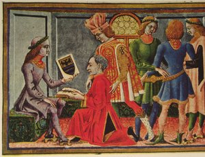 El emperador Federico III recibe el libro "Tabulae Astrologiae" del astrónomo Giovanni Bianchini (litografía en color)