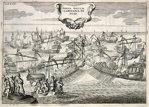 Galeones y galeazas en batalla: captura del Capitán de la Isla de Quíos, ilustración de 