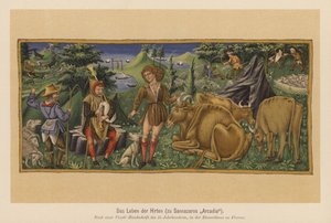 Escena del poema Arcadia de Jacopo Sannazaro (litografía en color)
