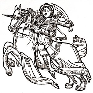 Juana de Arco a caballo blandiendo una espada (grabado) de (after) Spanish School