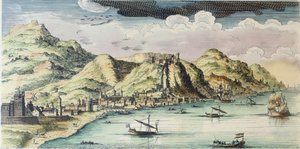 Vista de la ciudad de Málaga, España (grabado en color)