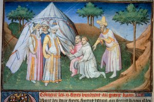Los hermanos Nicolo y Matteo Polo, padre y tío del joven Marco Polo (1254-1324) fueron recibidos en la corte del Gran Qubilai (Kubilai Khan, primer emperador de la dinastía Yuan mongola (1215-1294), emperador mongol en 1271). Miniatura tomada de de (and workshop) Boucicaut Master