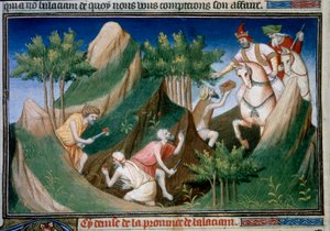 Extracción de rubíes de la montaña de Sighinan por orden del rey de Badakhchan. Miniatura tomada de “El Libro de las Maravillas” (Devisement of the World, Il Milione) de Marco Polo, ilustrado por el Maestro de de (and workshop) Boucicaut Master