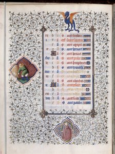Página de manuscrito “Les Tres Riches Heures du Duc François de Guise” decorada con signos del zodiaco y representación de trabajos agrícolas, la cosecha. Miniatura del Maestro de Boucicaut