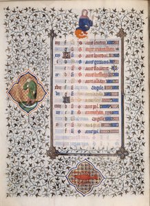 Página del manuscrito Les Très Riches Heures del Duque Francisco de Guisa iluminado por el Maestro de Boucicaut: representación de signos del zodiaco y escenas de la vida cotidiana: cáncer y un hombre con una hoz. Siglo XV. Museo Condé, Chantilly